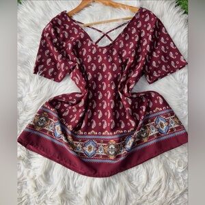 NWOT Sienna Sky Burgundy Paisley Boho Top Size S